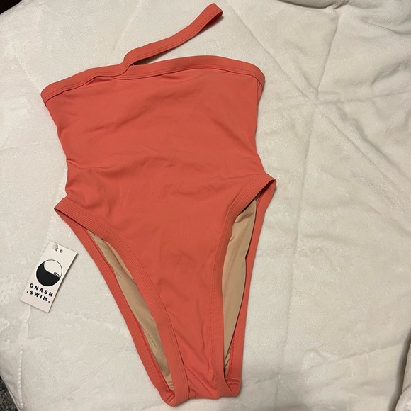 NWT Gnash Coral Ribbed One-Shoulder One Piece - Picture 4 of 6